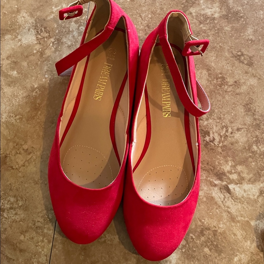 Red Suede Ankle-Strap Flats — Women’s Comfort Ballet Shoes